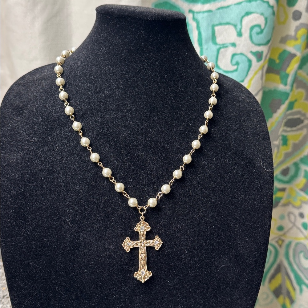 Park Lane Gold and Pearl Cross Necklace